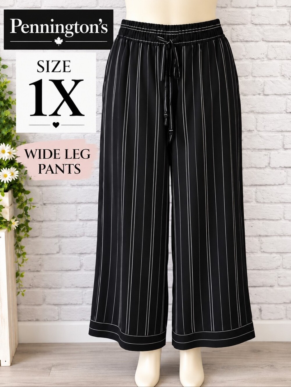 Penningtons 1X Black Pinstripe Wide Leg Pants Stretch Waist